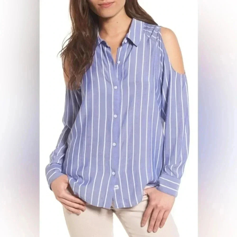 Rails Sadie Cold Shoulder Shirt Button Down Blouse Ocean Stripe Size M Medium